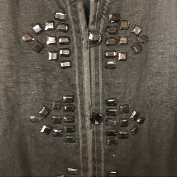 Linea Women’s Jacket Black Linen Satiny Trim Jewel Embellished Boxy 3/4 Sleeve - Picture 3 of 8